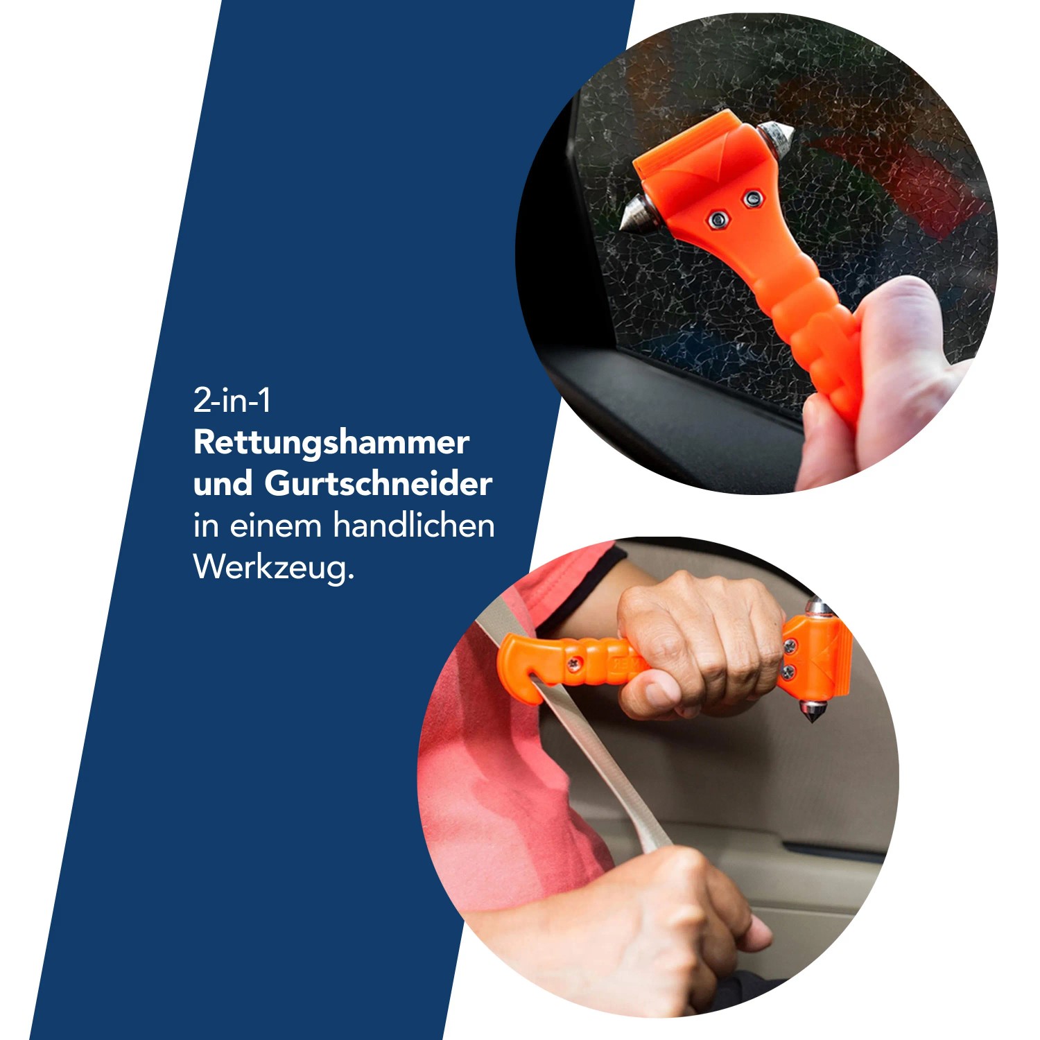 First Aid Only 2-in-1 Notfallhammer mit Gurtschneider im Einsatz, neonorange, 2er Set.
