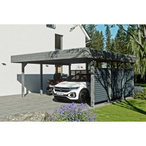 Skan Holz Carport Friesland Hybrid in Schiefergrau mit Seitenwänden und zwei Fahrzeugen.