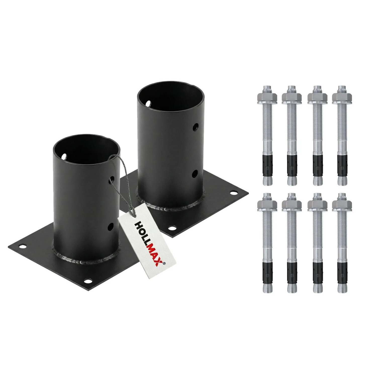 HOLLMAX 2 Stk. Aufschraubhülse/Pfostenträger 80 mm inkl. Schwerlastanker 10 x 100 mm Pulverbeschichtet Schwarz für Rundholzpfosten