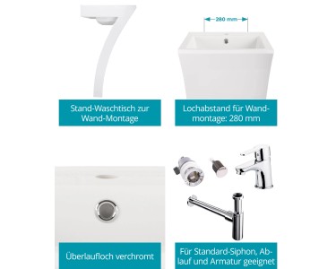 Calmwaters Stand-Waschbecken Modern Square 55 cm Mineralguss Weiß 
