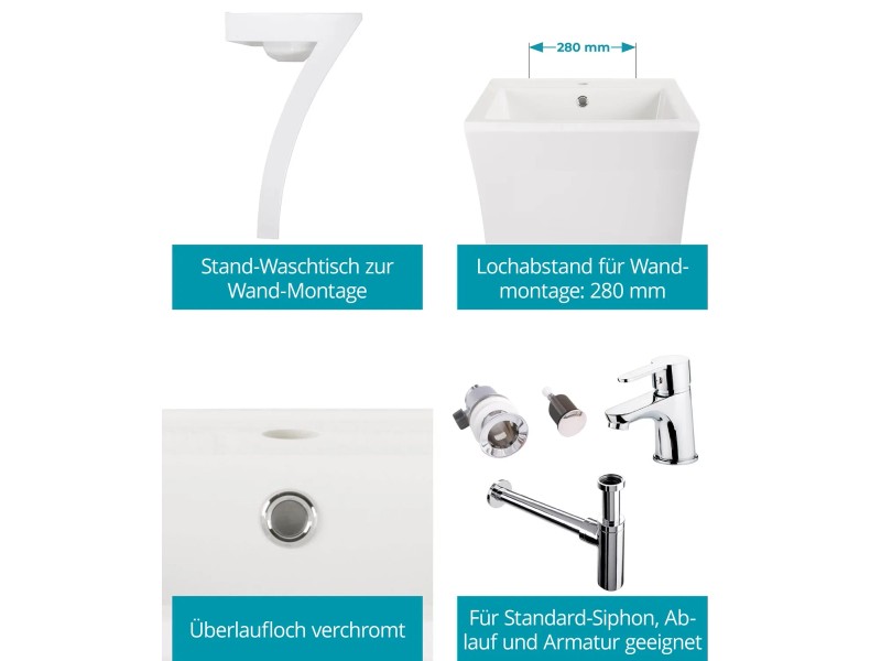 Calmwaters Stand-Waschbecken Modern Square 55 cm Mineralguss Weiß 