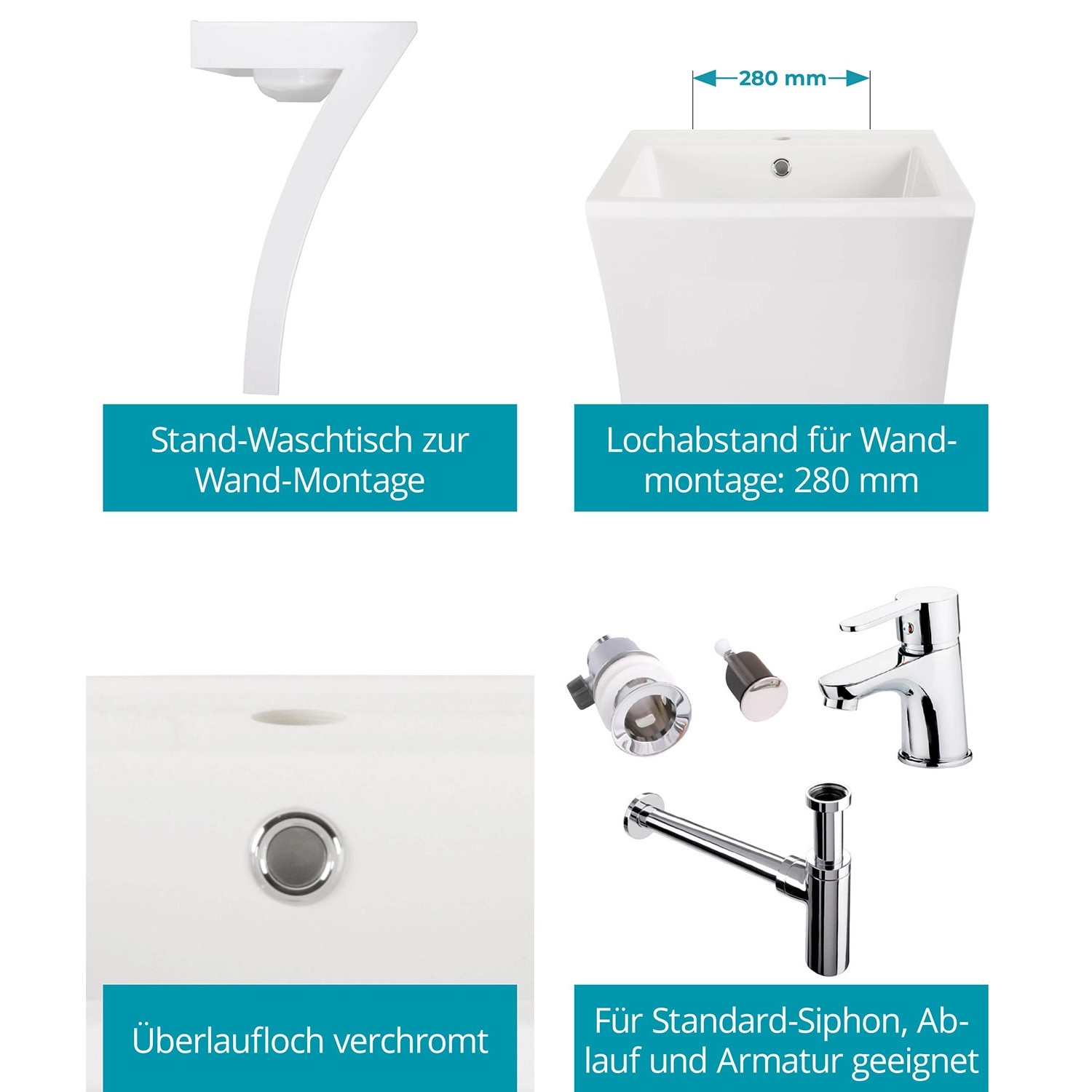 Calmwaters Stand-Waschbecken Modern Square 55 cm Mineralguss Weiß  