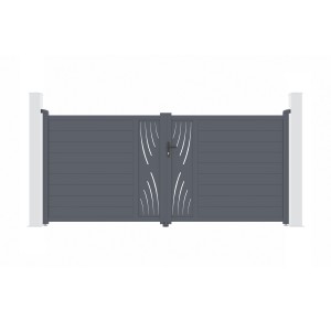 Graues Casanoov Doppelflügeltor aus Aluminium, 3,5 m breit, mit dekorativen Aussparungen.