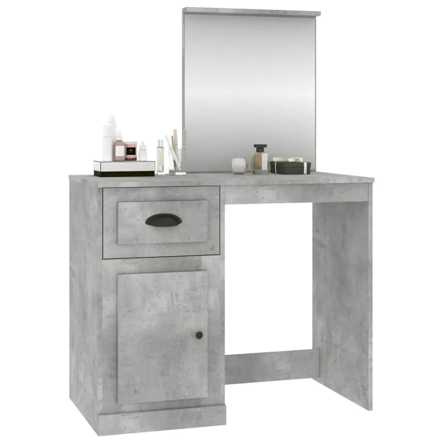 Betongrauer Schminktisch mit Spiegel, vidaXL, aus Holzwerkstoff, 90x50x132,5 cm.