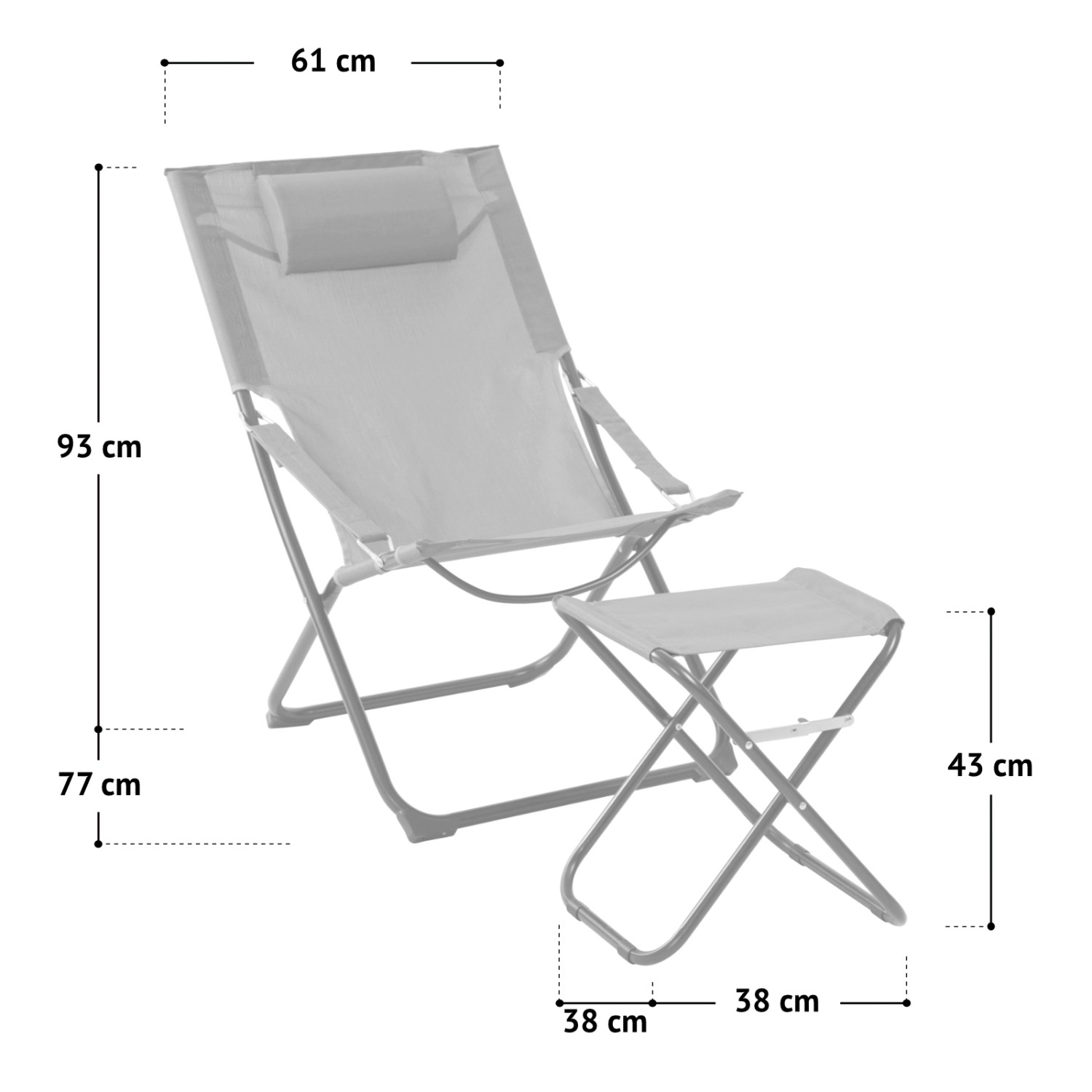Svita Tomra Liegestuhl mit Hocker, hellgrau, klappbar, mit Maßangaben.