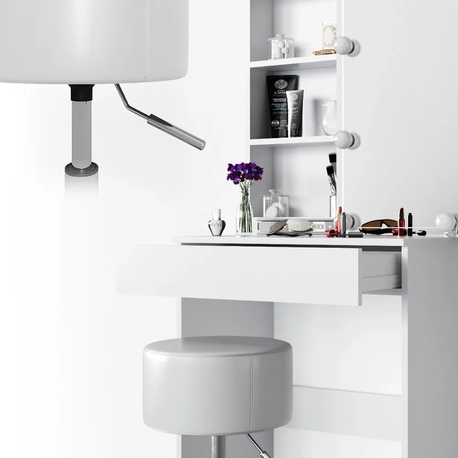 Weißer Vicco Schminktisch Melle mit LED, Hocker und Schublade. Ideal für Make-up und Styling.