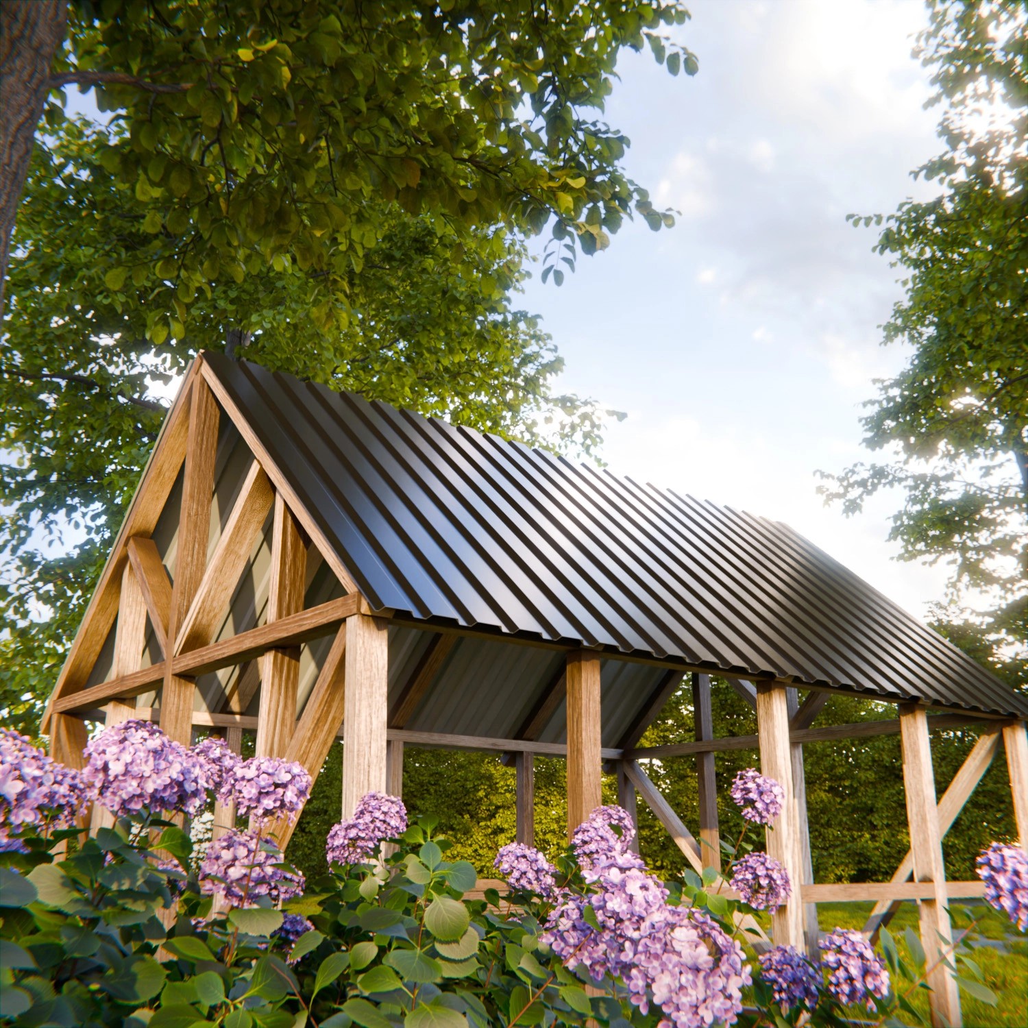Garmio Profilblech Set, 15 verzinkte, schwarze Dachbleche (115x45) auf Holzkonstruktion.