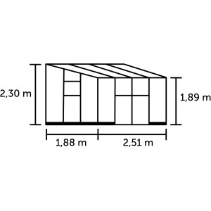 Skizze des Halls Gewächshauses Qube Lean-to 68, schwarz, mit Maßangaben zu Höhe, Breite und Tiefe.