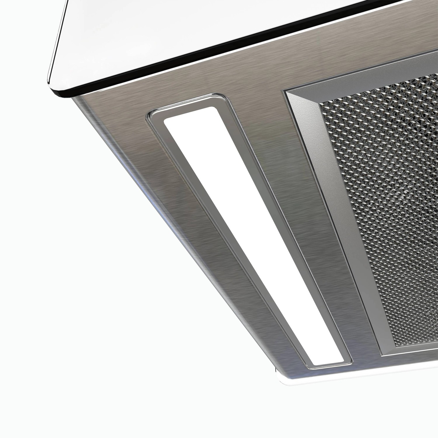 Detailaufnahme: CIARRA Inselhaube VM4850S mit LED-Beleuchtung und Fettfilter.