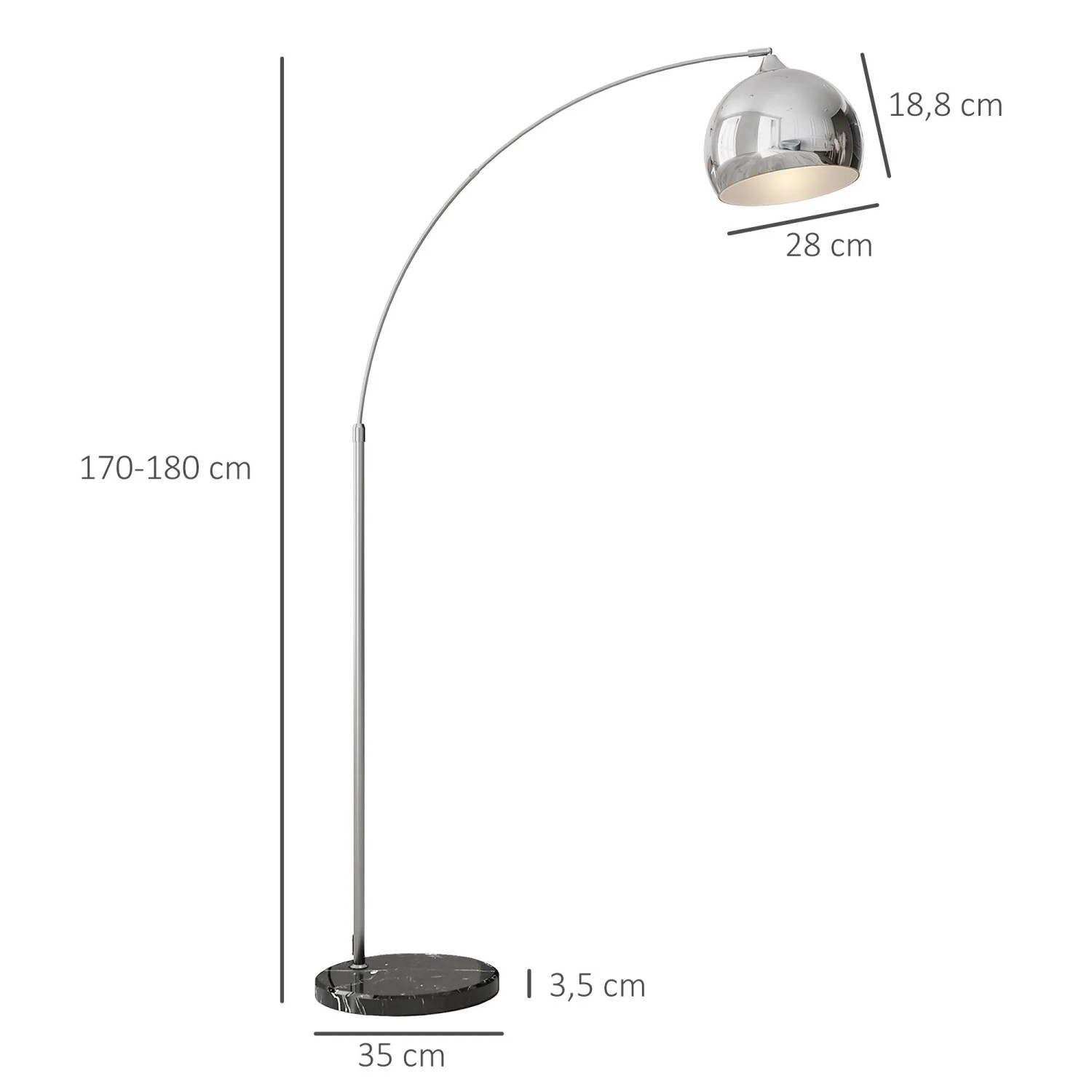 Silberne HOMCOM Bogen-Stehlampe, höhenverstellbar, mit modernem Design und dunklem Marmorsockel. Ideal für Innenleuchten.