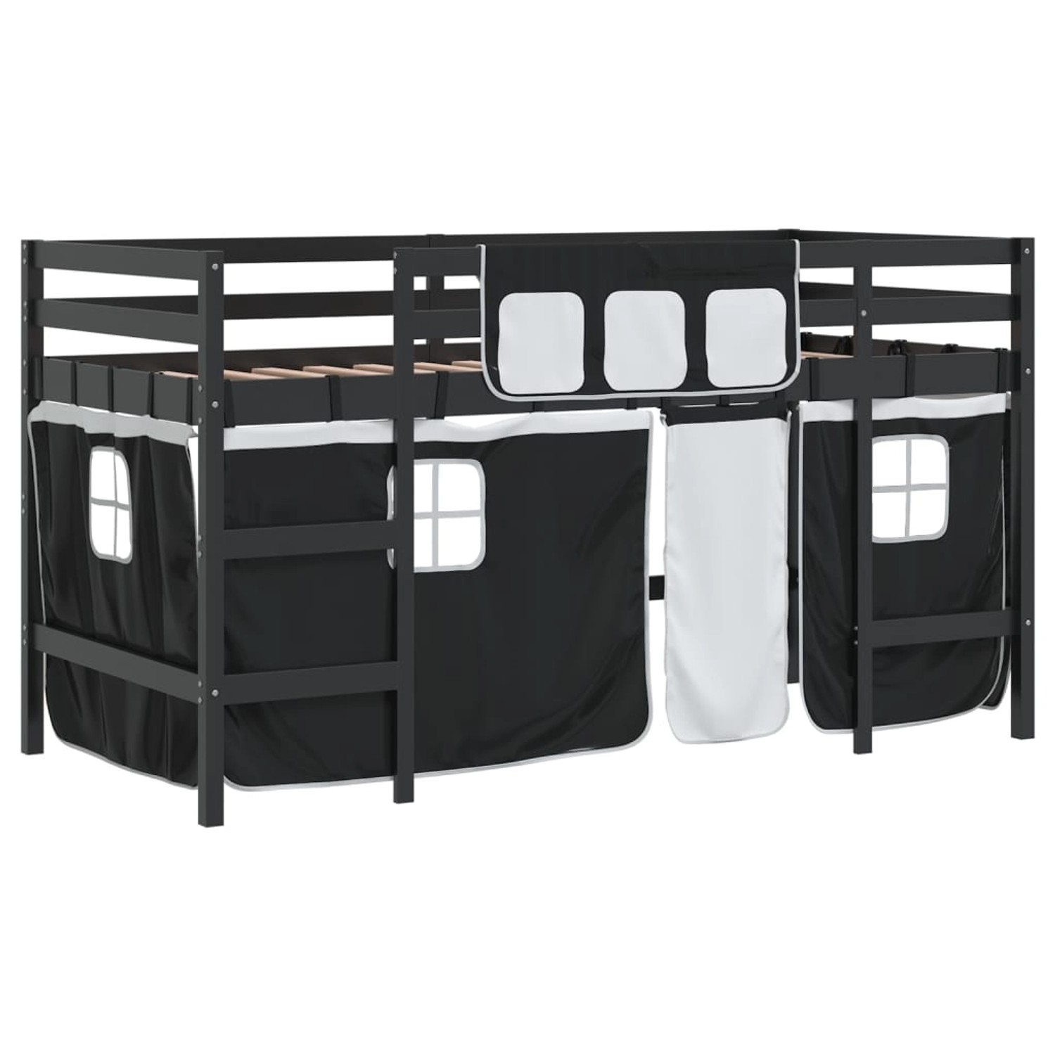 vidaXL Kinderhochbett mit Vorhängen Weiß Schwarz 90x200cm Kiefernholz192766 günstig online kaufen