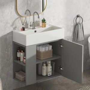PXloue Badmöbel Set 55 cm mit Waschbecken Waschtischunterschrank hängend Grau für Gäste WC