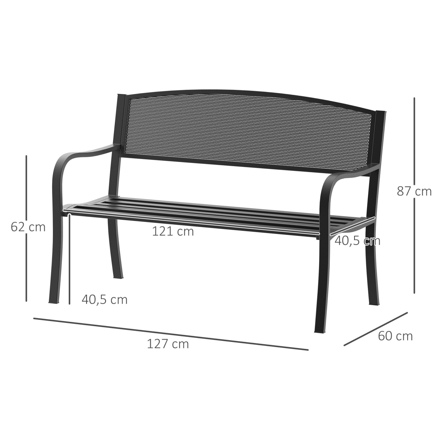 Outsunny Gartenbank, ergonomisch, elegantes Design mit Wabenrückenlehne, Maße eingezeichnet.