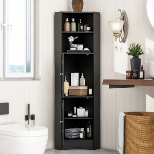 PXloue Badschrank Badezimmerschrank Schwarz mit Türen offenen Fächern und Einlegeboden