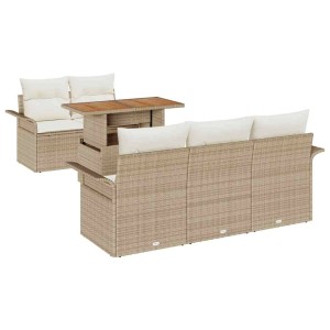 Beiges 6-tlg. vidaXL Garten-Sofa-Set aus Poly Rattan mit Stauraum und Tisch.