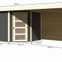 Karibu Holz-Gartenhaus Linköbing terragrau mit Flachdach und Maßangaben.