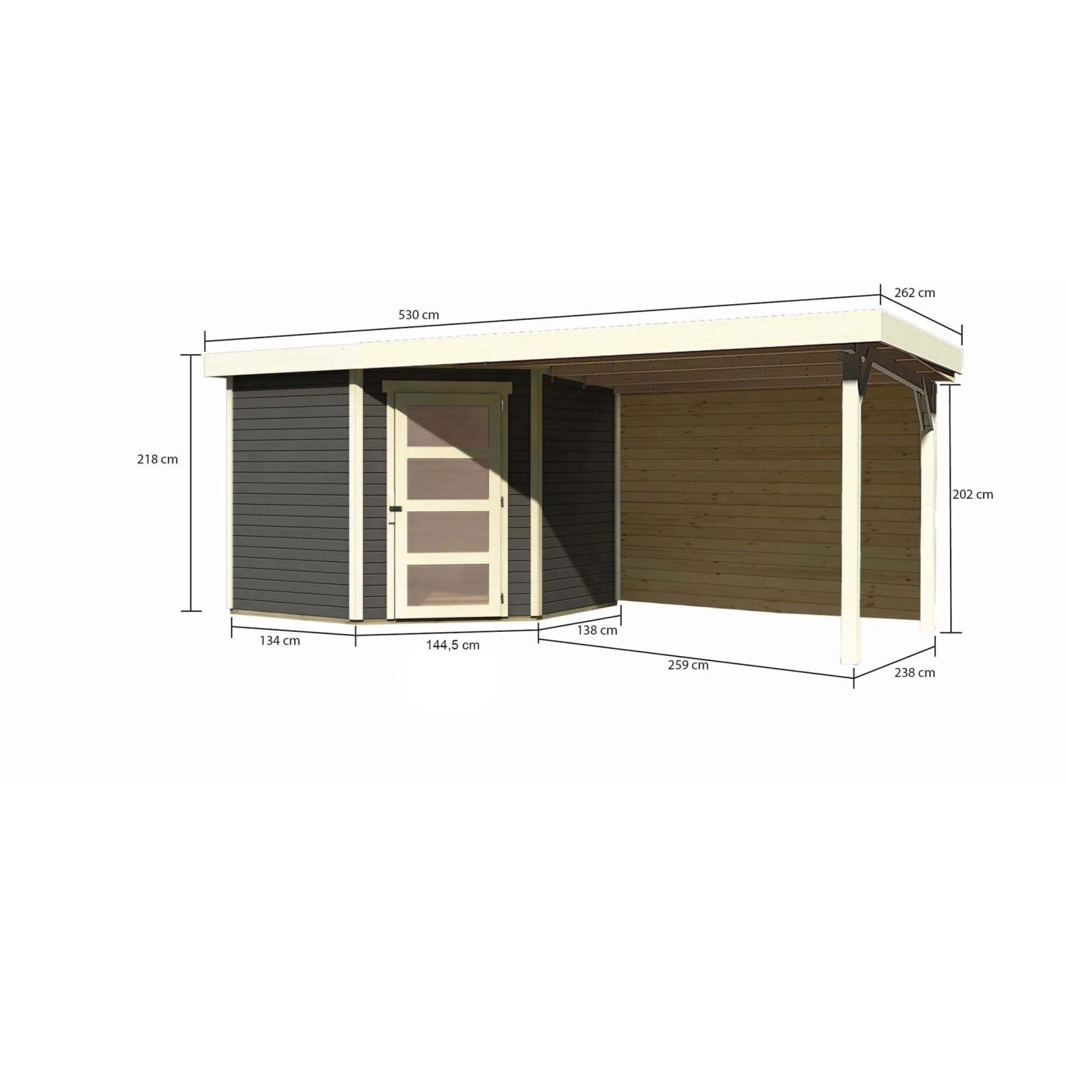Karibu Holz-Gartenhaus Linköbing terragrau mit Flachdach und Maßangaben.
