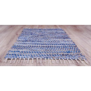 Bestlivings Jeans Flickenteppich 90x150cm, blau-beige Wollteppich mit Fransen.