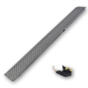 Graue TRUTZHOLM Alu Auffahrrampe, 200x21,5 cm, bis 200 kg belastbar, mit Lochblech und Spanngurt.