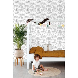 Kinderzimmer mit ESTAhome Dschungeltapete in Schwarz-Weiß.