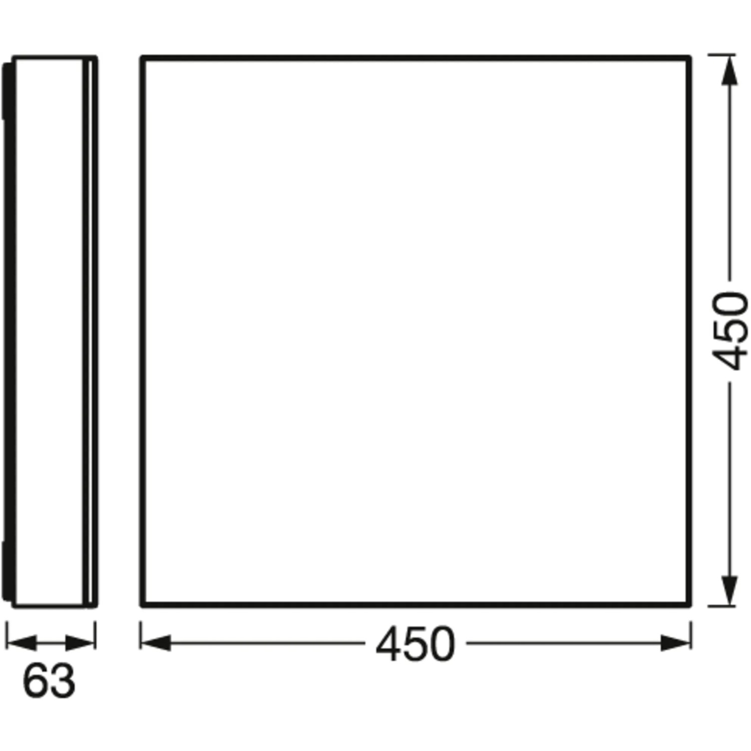 Technische Zeichnung der Ledvance Smart+ WiFi Panelleuchte Planon 45x45 cm mit Maßangaben.