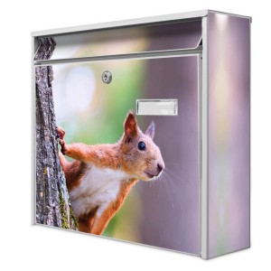 Weißer Banjado Briefkasten mit Eichhörnchen-Motiv, inkl. Montagematerial und Schlüsseln.
