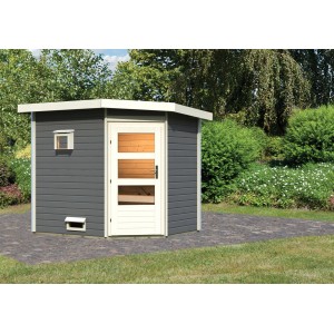 Karibu Saunahaus Thorben: Graues Saunahaus mit Tür und kleinem Fenster im Garten.