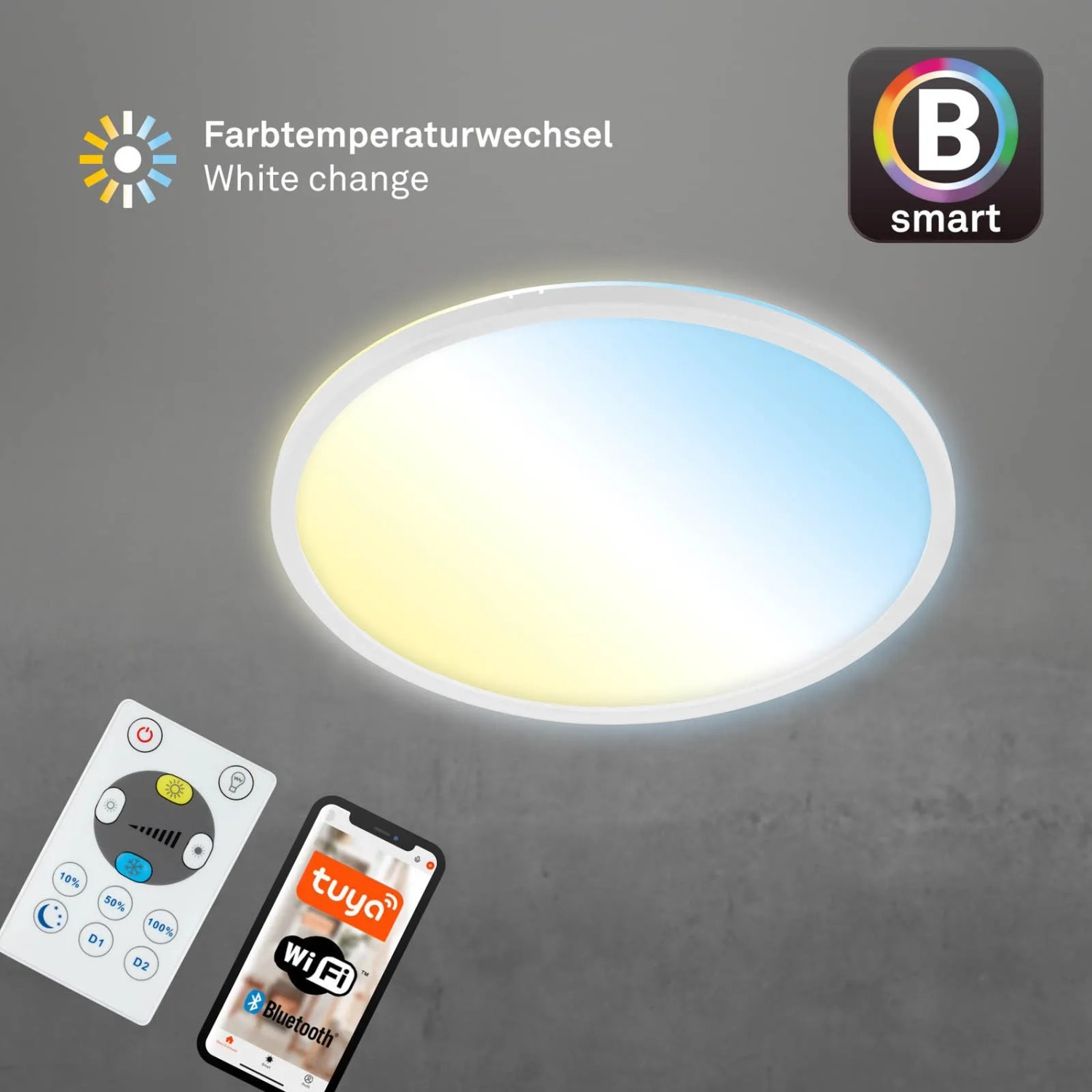 Dimmbare, weiße Brilo LED Deckenleuchte Slim S B-Smart mit Fernbedienung und App Steuerung.