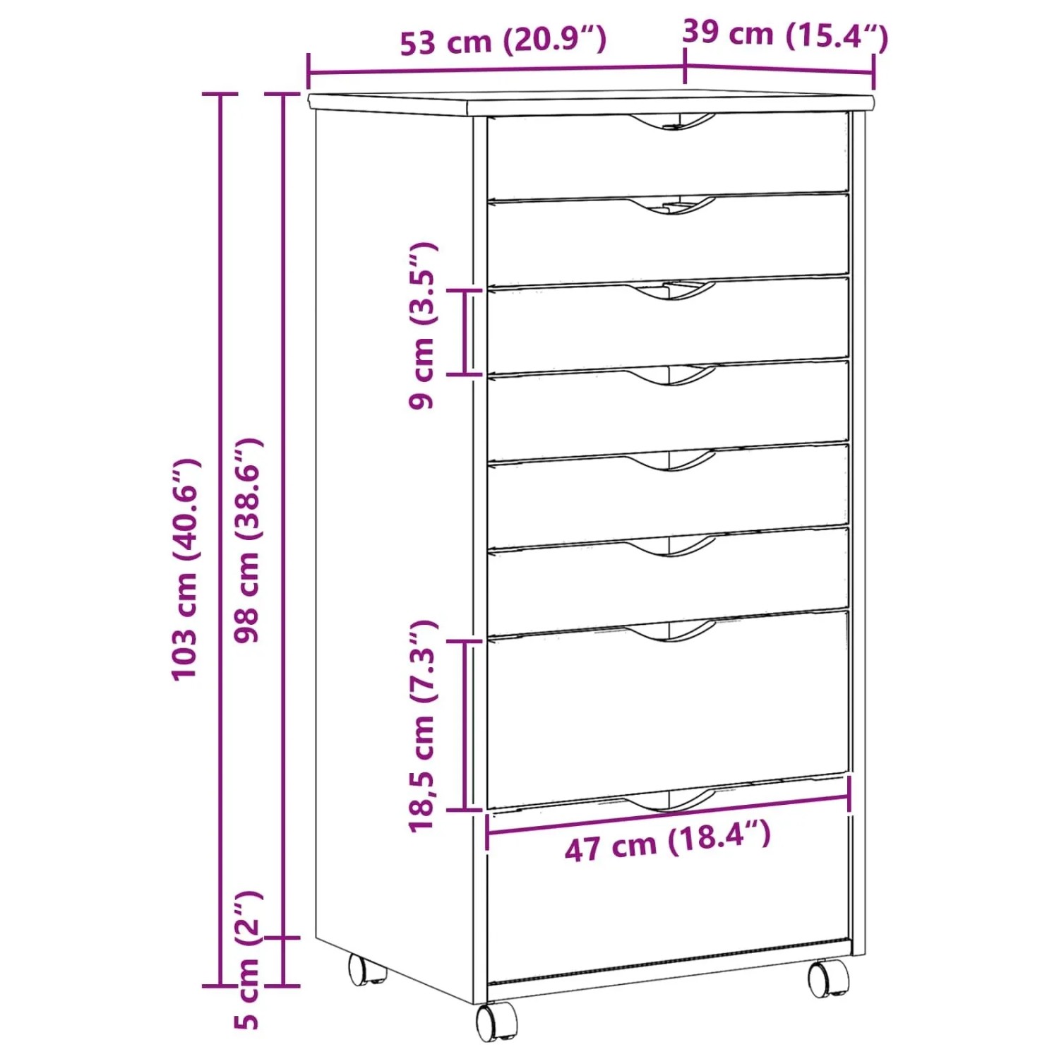 vidaXL Rollcontainer mit Schubladen MOSS Klarlack 53 x 39 x 103 cm 42032403_10