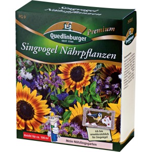 Quedlinburger Saatgut Singvogel-Nährpflanzen, 100g Packung mit Sonnenblumen und Wildblumen.