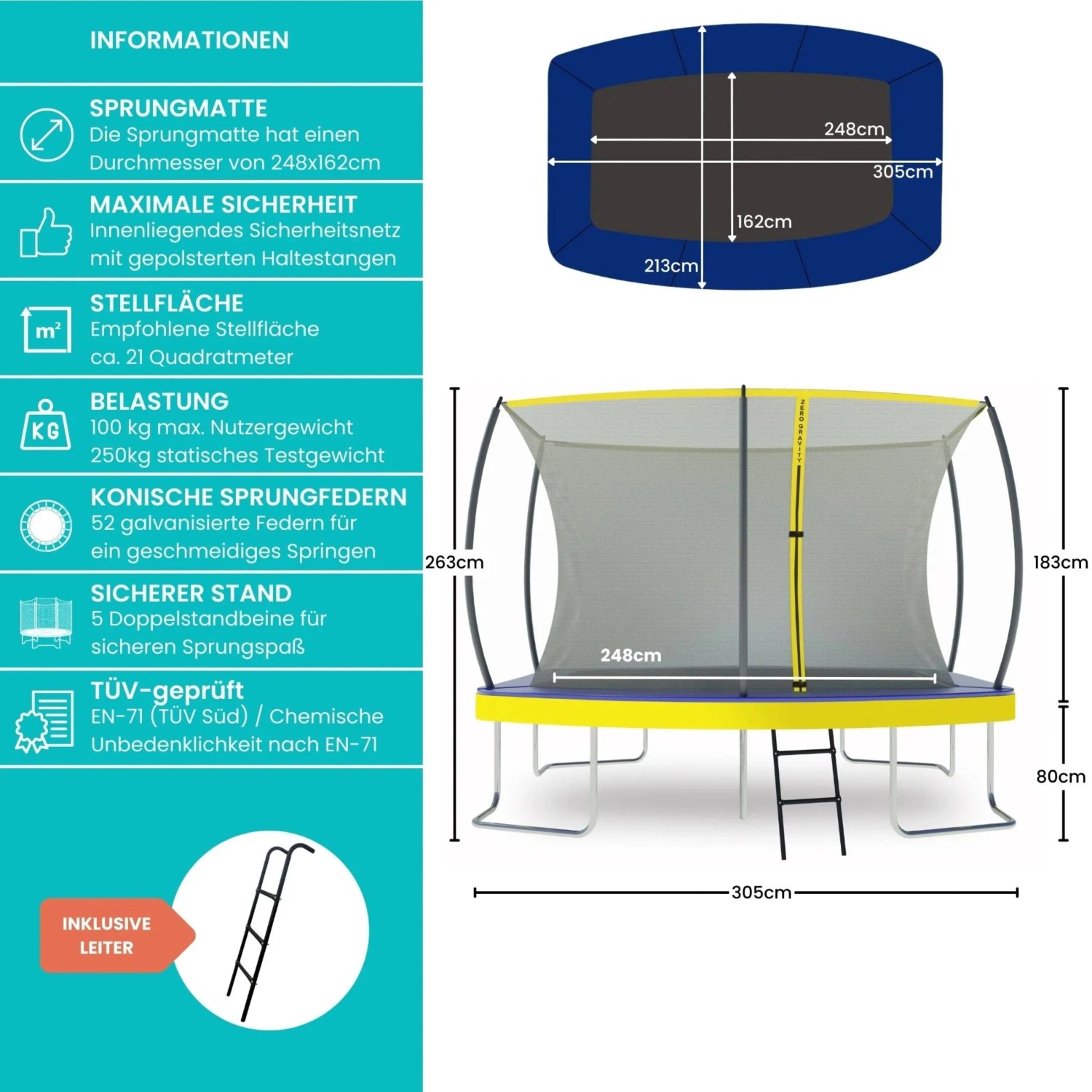 Rechteckiges Zero Gravity Gartentrampolin 305x213cm mit Sicherheitsnetz und Leiter.