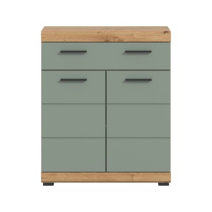 Standschrank in Salbei (74x88x31cm) mit Holzdekor-Elementen für Bad und Feuchträume.