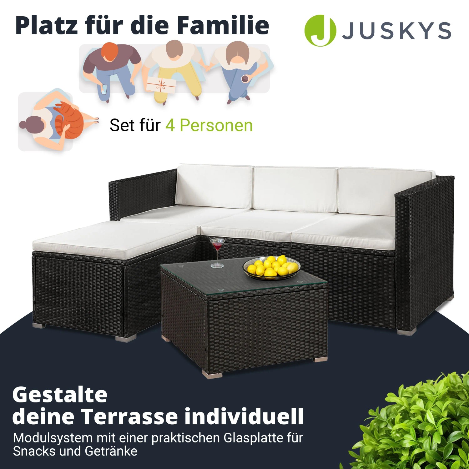 Schwarze Polyrattan Lounge Punta Cana mit creme Bezügen, bestehend aus Sofa, Hocker und Tisch. Gartenmöbel für 4 Personen.