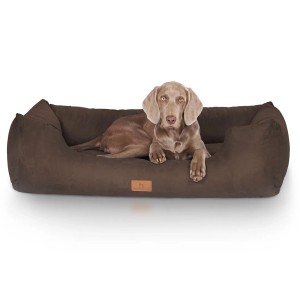 Braunes Knuffelwuff Hundebett Dreamline Velours XXL mit liegendem Hund.