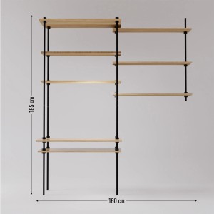 Ar Shelving Deco Set: Regalkombination mit Holzregalböden und schwarzem Metallgestell, flexibel als Regal oder Schreibtisch nutzbar.