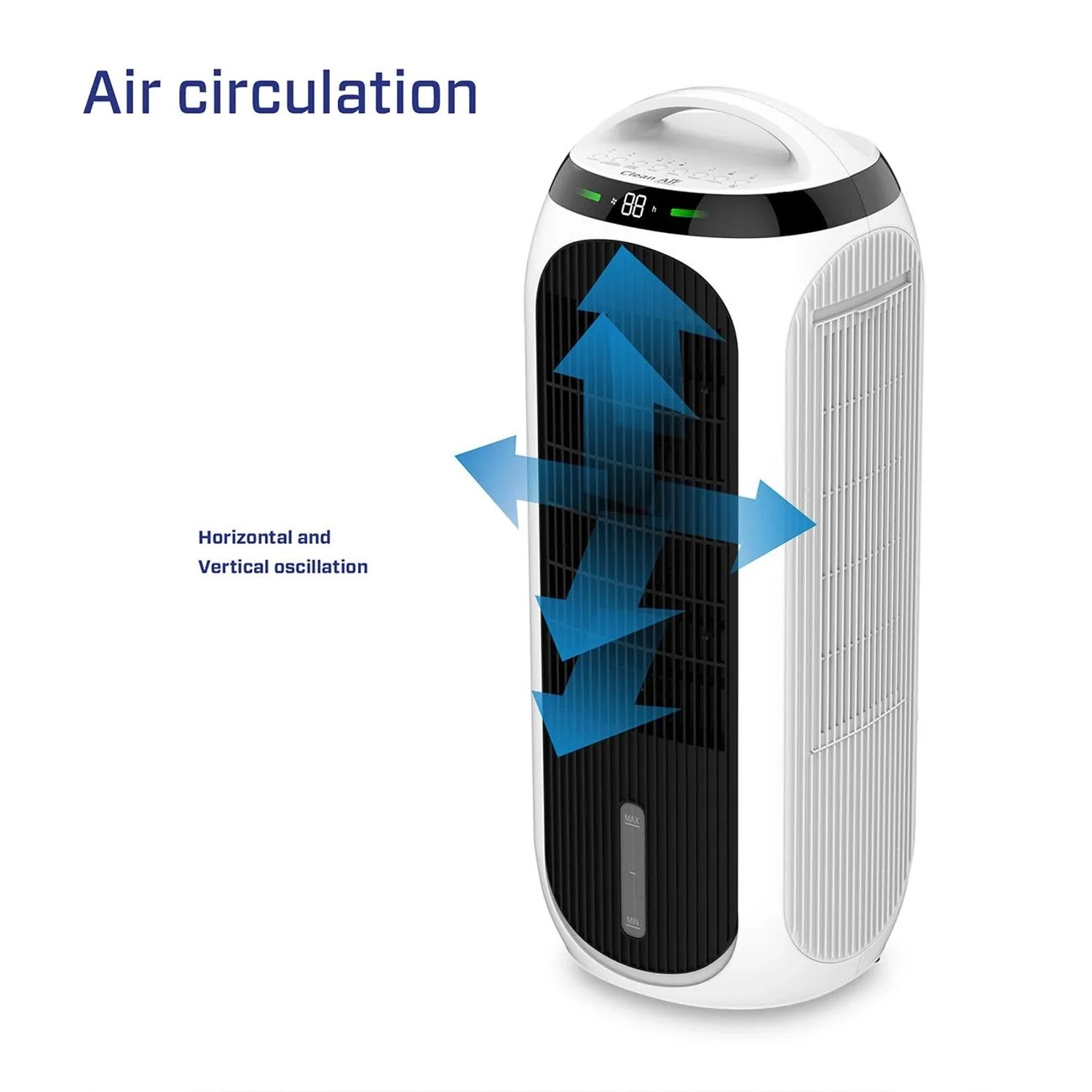 Weißer Clean Air Optima CA106 Smart 4in1 Luftkühler/Ventilator. Blaue Pfeile zeigen horizontale & vertikale Luftzirkulation.