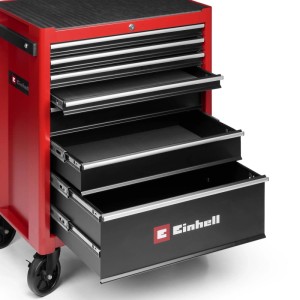 Roter Einhell Werkstattwagen TC-TW 150 aus Stahlblech mit offenen schwarzen Schubladen für Werkzeugaufbewahrung.