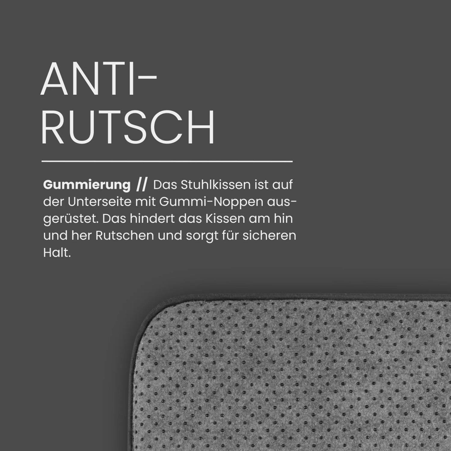 Detailaufnahme der rutschfesten Unterseite eines anthrazitfarbenen Bestlivings Stuhlkissens.