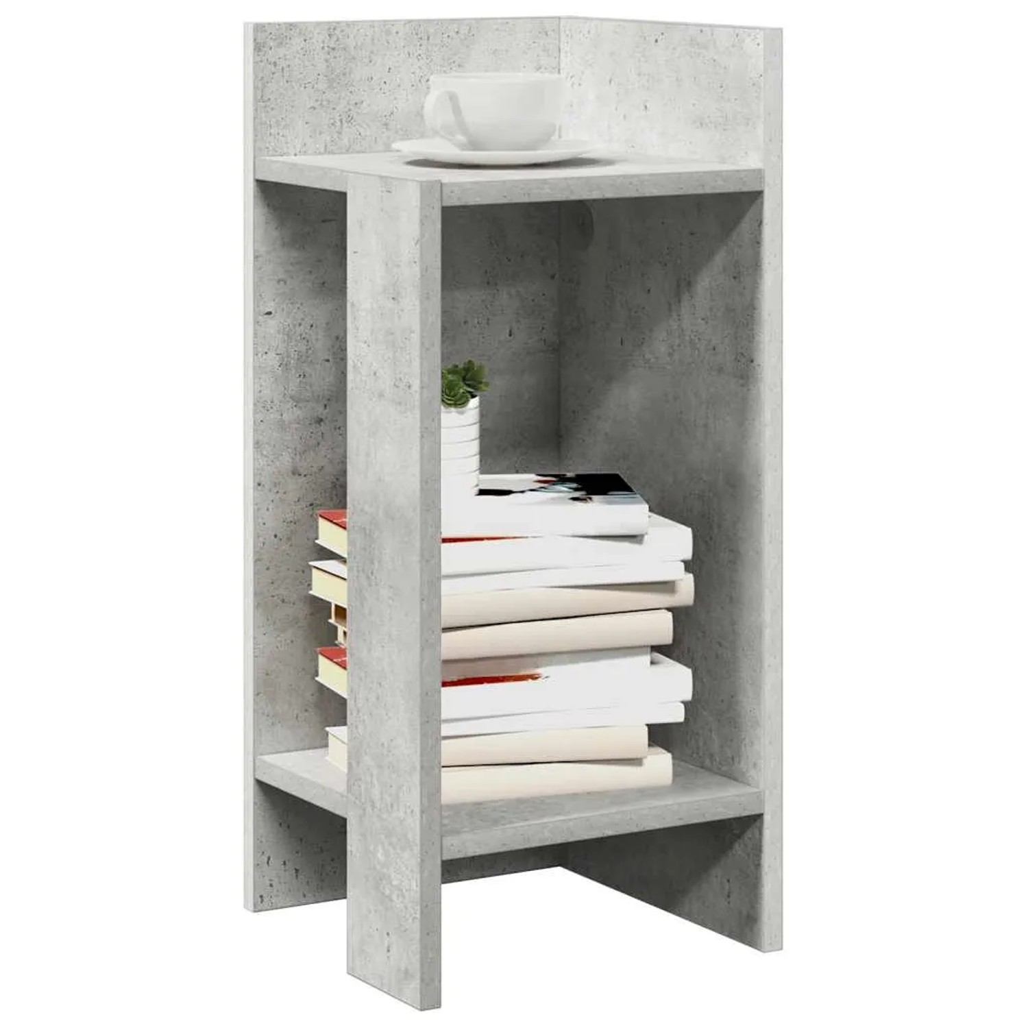 Betongrauer Beistelltisch mit zwei offenen Fächern. Modernes Design aus Holzwerkstoff für Bücher und Deko.