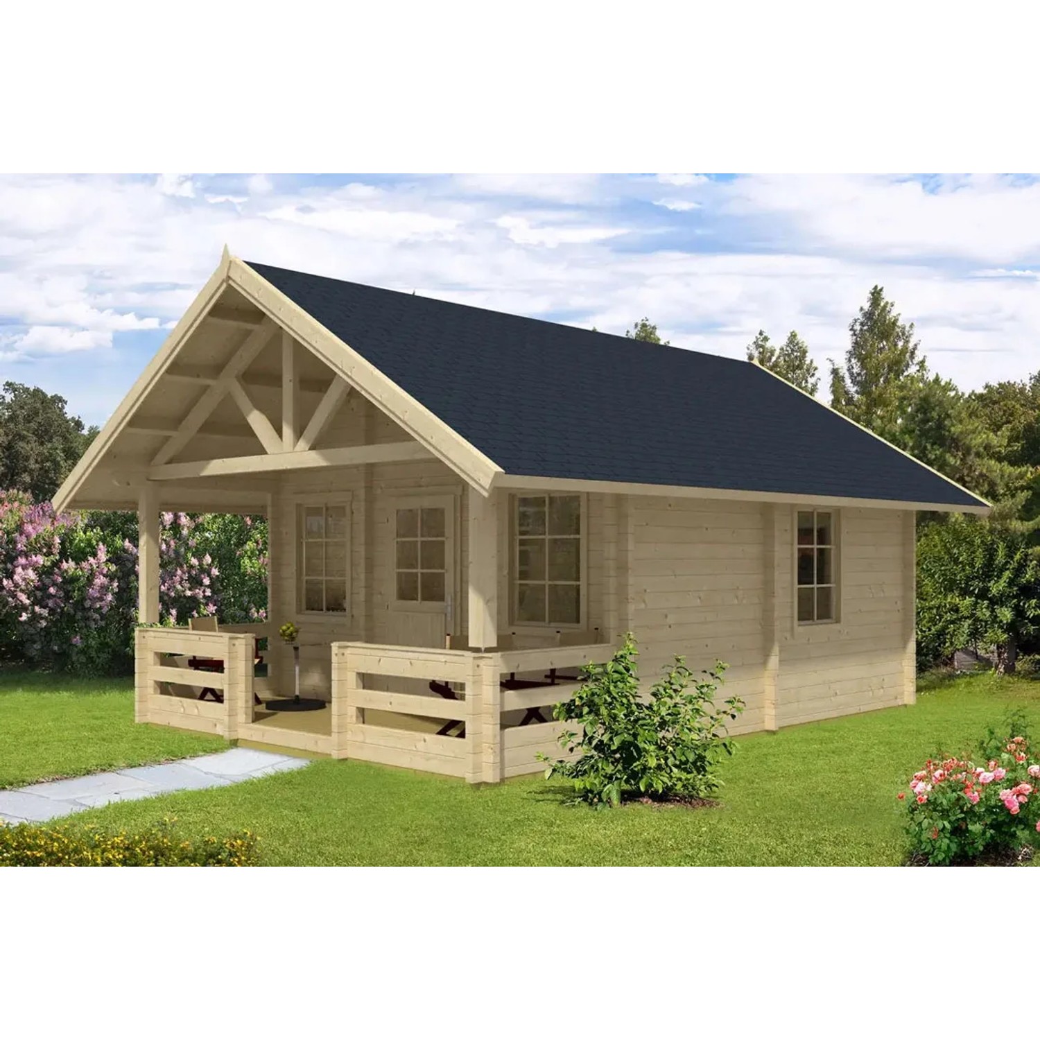 Alpholz Gartenhaus Lillehammer, unbehandelt mit Anbaudach. Holz-Gartenhaus mit Satteldach.