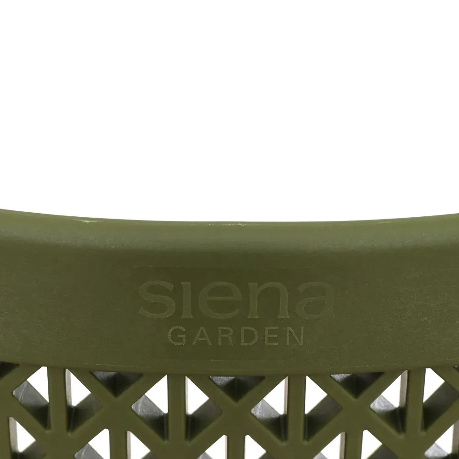 Detailansicht Siena Garden District Stapelsessel in Olive mit Markenlogo und Rückenlehnenmuster.
