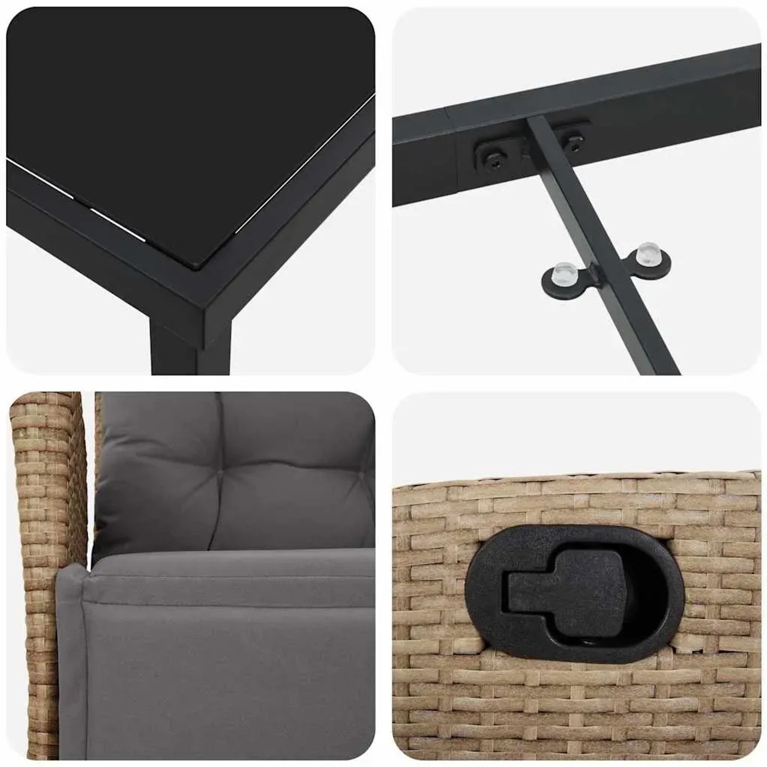 Detailansicht vidaXL Garten Essgruppe, 7-teilig, beige Poly Rattan, Tisch mit Glasplatte, Stuhl mit verstellbarer Rückenlehne.