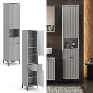 Grauer Vicco Badschrank Eliza, 40x190 cm, mit Türen, Schublade und Metallfüßen. Badregal für mehr Stauraum.
