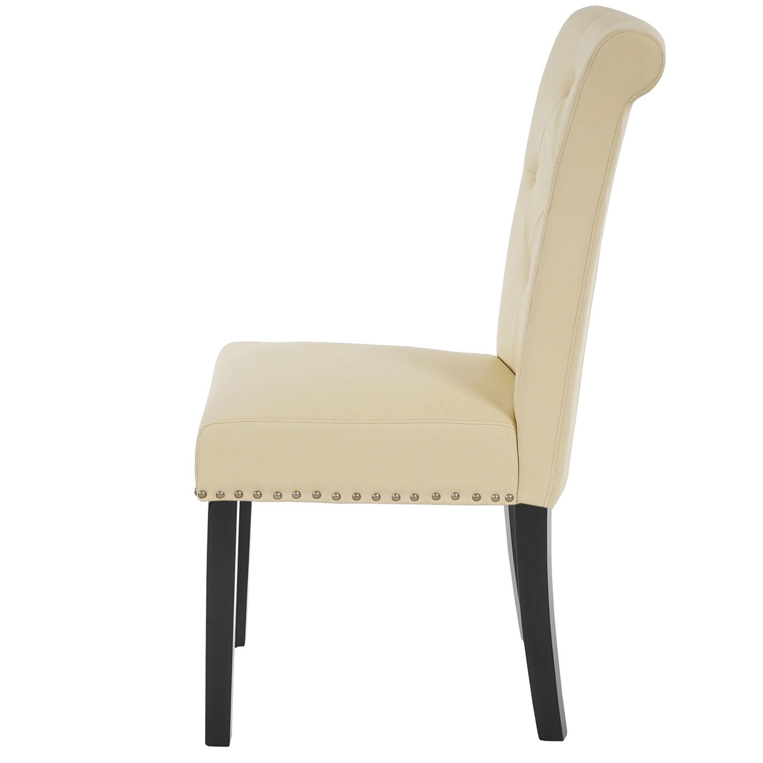 Cremefarbener MCW Esszimmerstuhl im Chesterfield-Stil mit dunklen Beinen, seitliche Ansicht.