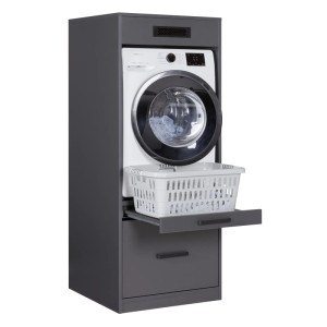 Anthrazitfarbener Hauswirtschaftsraum-Geräteschrank L-Studio mit Waschmaschine, ausziehbarer Wäschekorb-Ablage und Schublade.