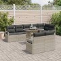 Hellgraues 9-teiliges vidaXL Garten-Sofa-Set aus Poly Rattan mit Tisch und schwarzen Kissen.
