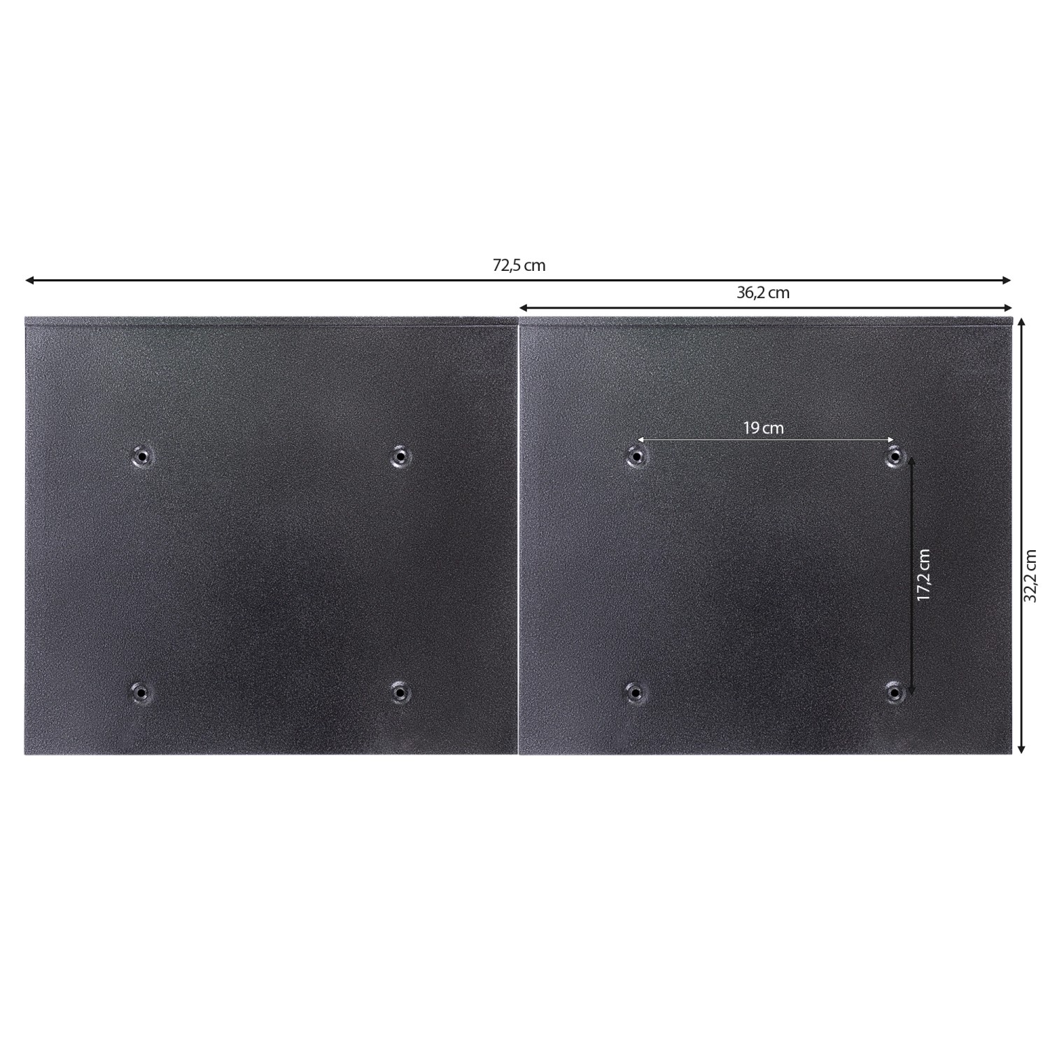 Detailaufnahme der Rückseite des schwarzen Burg-Wächter Doppelbriefkastens mit Maßangaben.