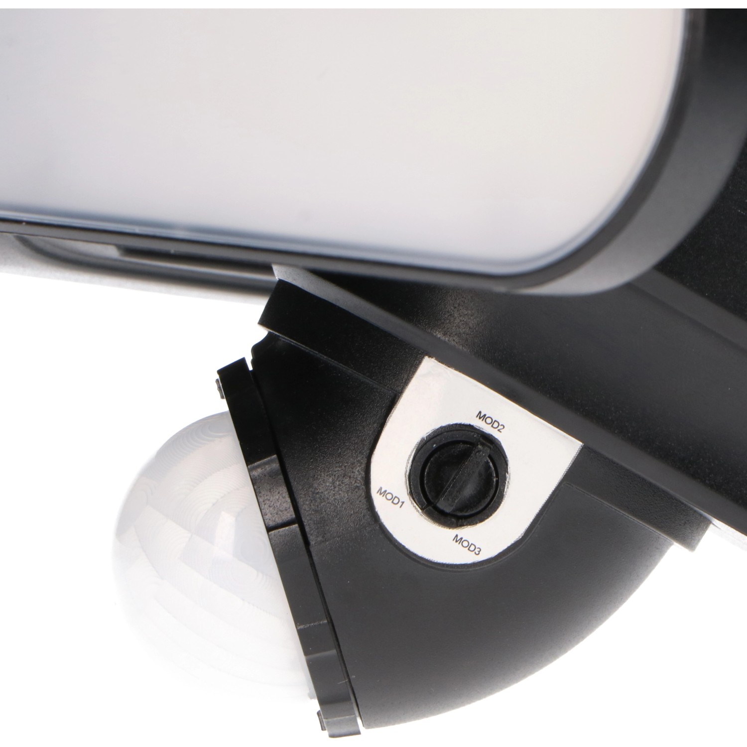 Detailaufnahme: LED-Solar-Außenleuchte Botshabelo mit Sensor und Einstellknopf für verschiedene Modi.