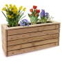 HolzFee Pflanzkasten Linea aus naturbelassenem Lärchenholz, 116 cm, mit bunten Frühlingsblumen für Balkon & Terrasse.