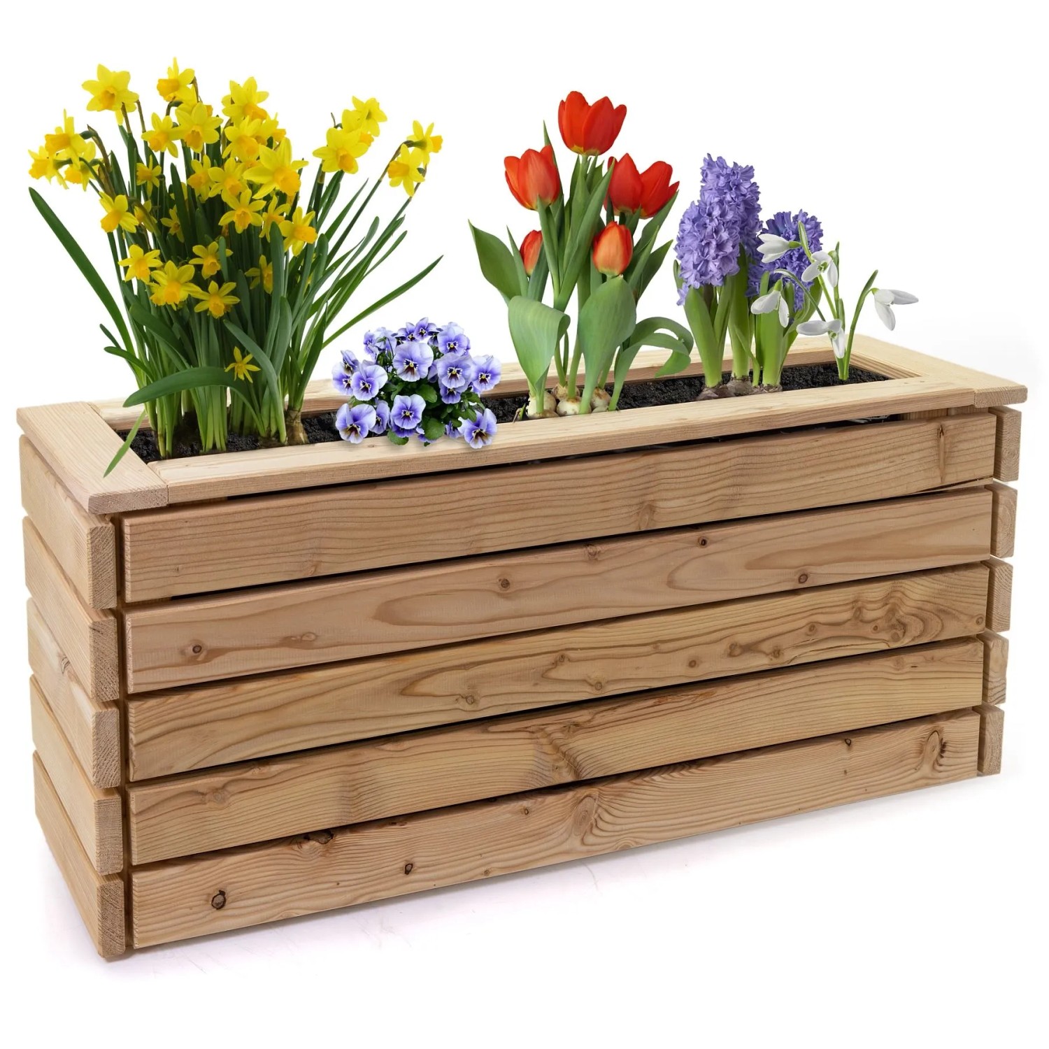HolzFee Pflanzkasten Linea aus naturbelassenem Lärchenholz, 116 cm, mit bunten Frühlingsblumen für Balkon & Terrasse.